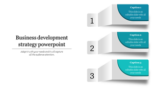 Three step infographic with numbered blocks and teal captions, aligned vertically on a white background.