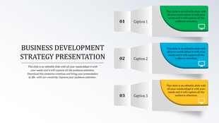 Slide for business development strategy featuring three colored sections for captions and content.