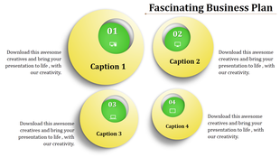 Business plan template with four circular sections, each containing an icon and caption for a professional presentation.