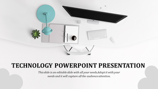 Flat lay of an organized workspace including a monitor, keyboard, lamp, notebook, and green plant for a technology.