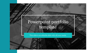 Portfolio slide with a black and white image of modern glass buildings and a centered text box overlay with teal accents.