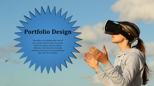 Woman wearing a VR headset clapping against a sky background, with a large blue starburst shape containing text.