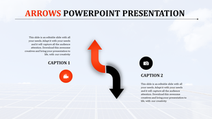 Dynamic layout with upward and downward arrows in red and black, emphasizing two caption zones with icons.