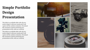 Slide with a white text section on the left and a photo collage of cameras and lenses on the right.