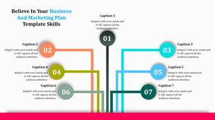 PowerPoint slide with various sections for a business and marketing plan, each labeled with a caption.