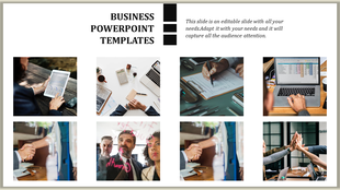 Business PowerPoint template showcasing a collection of business related images, including meetings, charts, and teamwork.