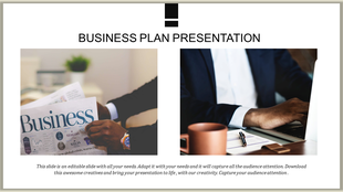 Two images showing a professional reading a newspaper on the left and working on a laptop with a coffee cup on the right.