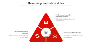 Business PowerPoint presentation slide with a red triangular diagram featuring icons with placeholder text.