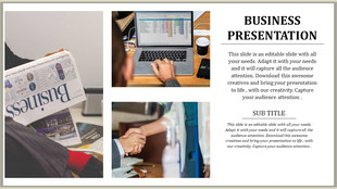Professional business slide featuring a laptop with charts, a newspaper with graphs, and a handshake symbolizing agreement.