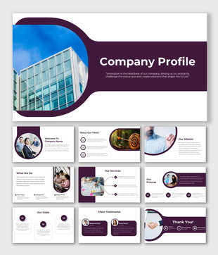 Professional company profile PowerPoint slides with sections on vision, mission, services, and client testimonials.