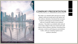 Company PPT slide features the city skyline with a dock railing in the foreground with a placeholder description.