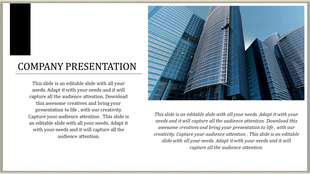 A professional company presentation slide featuring a modern city skyline on the right with content on the left.