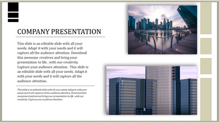 Company presentation slide with two images of modern skyscrapers with placeholder text.