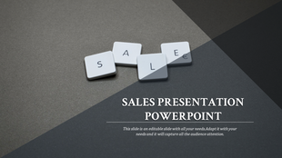 Professional slide with white tiles spelling sale on a textured dark background and a diagonal overlay design.