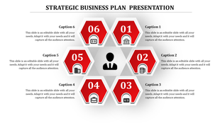 Strategic business plan template with six red hexagonal steps numbered 1 to 6, surrounding a central user icon.
