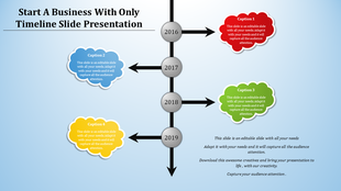 Timeline slide with years 2016 to 2019 marked vertically on a black arrow, paired with colorful speech bubbles.