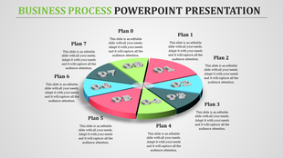 3D pie chart divided into eight numbered sections in red, teal, blue, and green, each paired with text.
