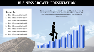 Eight-step business growth chart with blue 3D bars increasing in height and a figure climbing up with a briefcase.