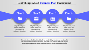 Business plan slide with four blue circles labeled plan 1 to 4, each with icons, text, and a line at the bottom.