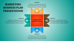 Marketing business plan PowerPoint slide with four colorful sections and a central marketing focus with captions.
