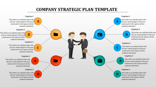 Company strategic plan slide with icons in colored circles linked to two figures shaking hands at the center.