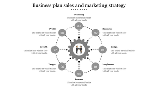 Gear-themed infographic illustrating eight stages of a business plan and marketing strategy in grey theme.