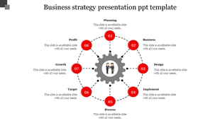 Business strategy PowerPoint template with a numbered red eight step circular gear diagram with placeholder text.