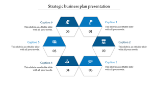 Strategic business plan template with a hexagonal layout, showing six steps labeled with numbers, icons, and captions.
