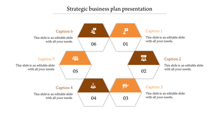 Strategic business plan template with six hexagons in alternating orange and brown shades, displaying icons and captions.