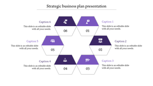 Hexagonal diagram in purple with six interconnected segments, each labeled with numbers, icons, and captions.