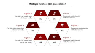 Hexagonal diagram with six sections, each numbered and containing icons for a strategic business plan.