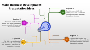Business development template featuring a central lightbulb icon, with four pathways leading to caption areas.