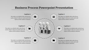 Business process slide with six captions around a central image of three 3D figures holding briefcases in a dotted circle.