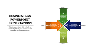 Business plan slide showing four directional arrows in green, blue, orange, and light green with numbers 01–04.