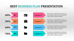 Slide with four colorful arrows in pink, orange, blue, and teal, each with percentages, and icons in a vertical layout.