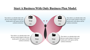 Butterfly graphic in pink and black, with labeled four circular elements arranged symmetrically on its wings.