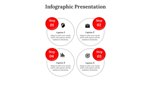 Four part infographic layout with circular steps, red highlights, and icons for head, briefcase, target, and bar graph.