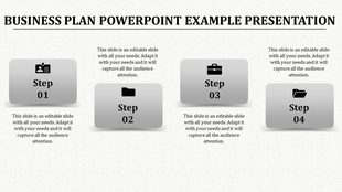 Business plan slide with four gray rectangular blocks labeled 01 to 04, featuring icons and text, on a white background.