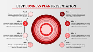 Eight step business plan diagram with concentric circles and icons for tasks, goals, and communication.