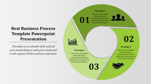 Business process slide featuring three strategies in green circular flow with icons for growth, teamwork, and collaboration.