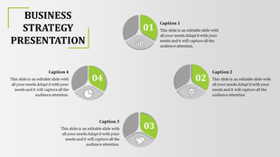 Business strategy slide with four steps, each represented by an icon such as a graph, lightbulb, handshake, and clock.