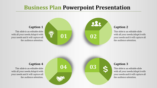 Business plan slide with four green circular icons representing ideas, people, money, and partnerships, each with a caption.