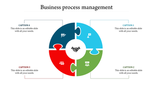 Red-themed business process template with a circular puzzle design and three labeled captions connected to relevant icons.