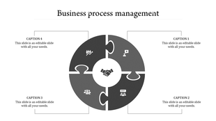 Four part gray circular puzzle with business themed icons and a handshake icon at the center representing unity.