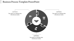 Gray circular puzzle diagram with three segments featuring business icons and a central handshake symbol.