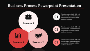 Circular business process diagram slide with three steps, featuring icons representing a briefcase, graph, and handshake.