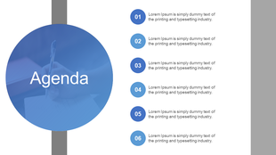 Agenda slide with six numbered bullet points and a large blue circle on the left with text.