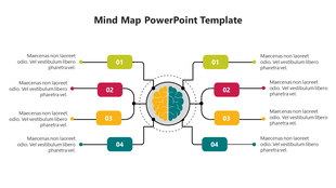 Brain-centered mind map with four color-coded nodes labeled 01 to 04, each connected to caption areas.