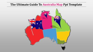 A colorful map of Australia with each region in different colors, featuring Australian flags and markers.