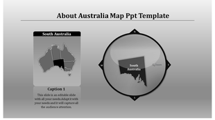 Gray map of Australia highlighting South Australia with a zoomed in view in a compass circle.